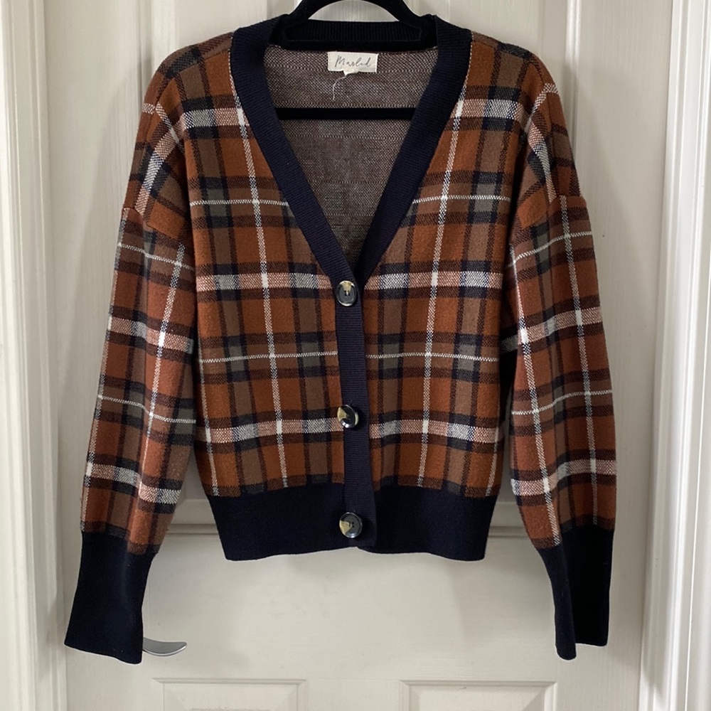 MARLED Classic Plaid Pattern, V-neck, Button Down Cardigan